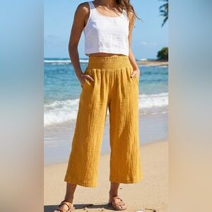 Anthropologie Mustard Yellow Smocked Gauze Wide Leg Culottes Crop Pants - Small